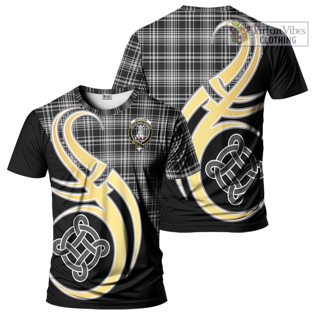 Tartan Vibes Clothing MacLean Black and White Tartan T-Shirt with Family Crest and Celtic Symbol Style