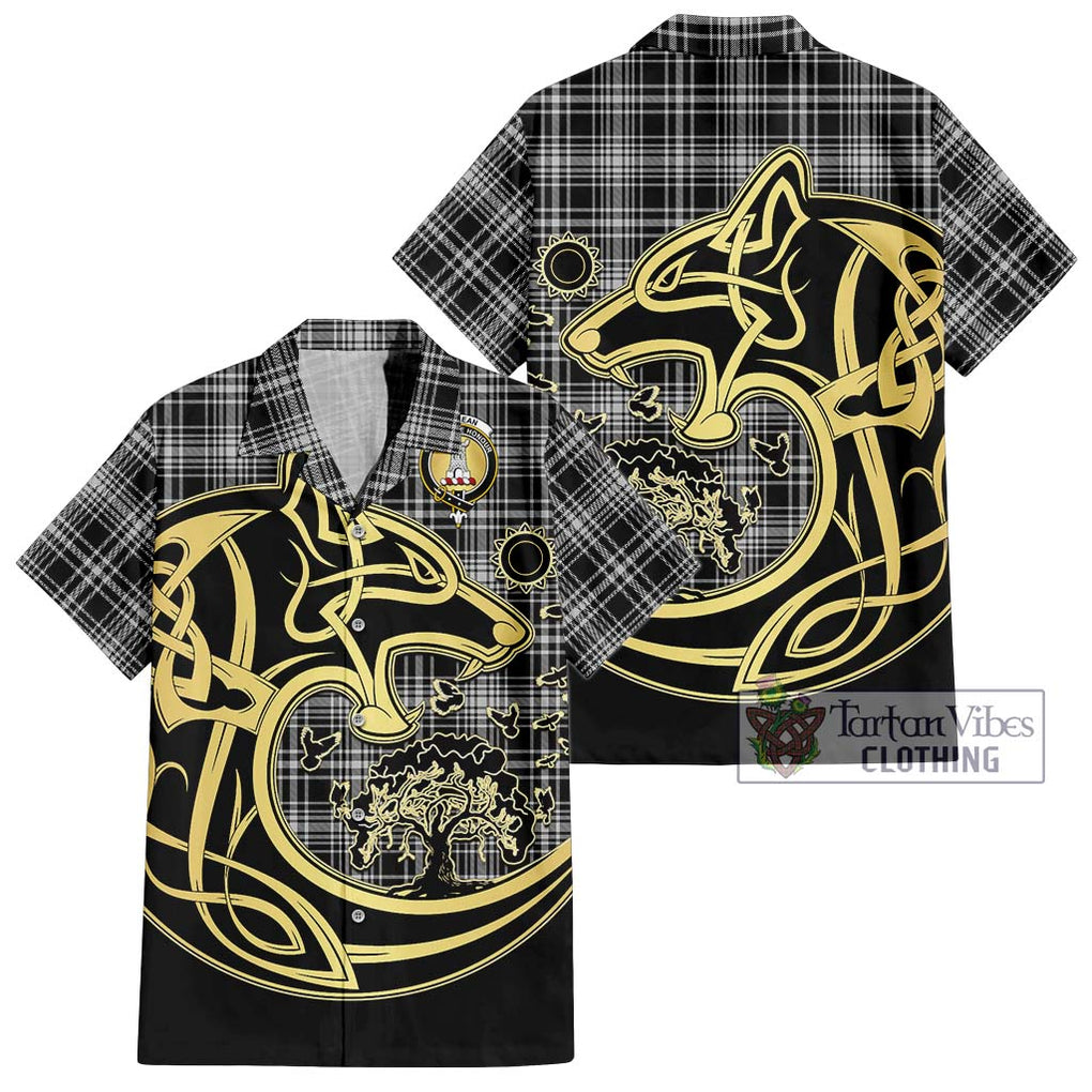 MacLean Black and White Tartan Short Sleeve Button Shirt with Family Crest Celtic Wolf Style Kid - Tartan Vibes Clothing