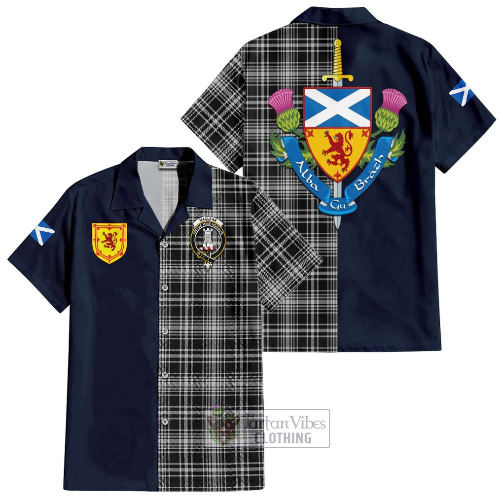 Tartan Vibes Clothing MacLean Black and White Tartan Short Sleeve Button Shirt with Scottish Lion Royal Arm Half Style