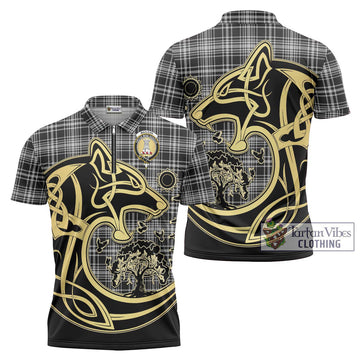 MacLean Black and White Tartan Zipper Polo Shirt with Family Crest Celtic Wolf Style