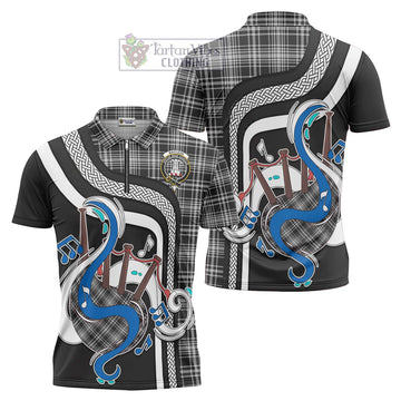 MacLean Black and White Tartan Zipper Polo Shirt with Epic Bagpipe Style