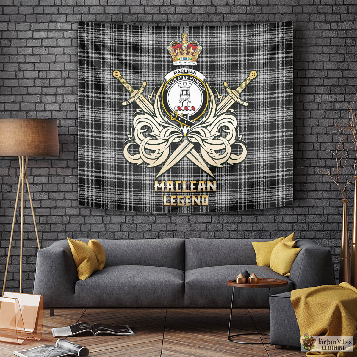 Tartan Vibes Clothing MacLean Black and White Tartan Tapestry with Clan Crest and the Golden Sword of Courageous Legacy