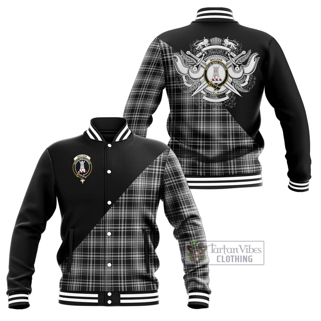 MacLean Black and White Tartan Baseball Jacket with Family Crest and Military Logo Style Unisex - Tartanvibesclothing Shop