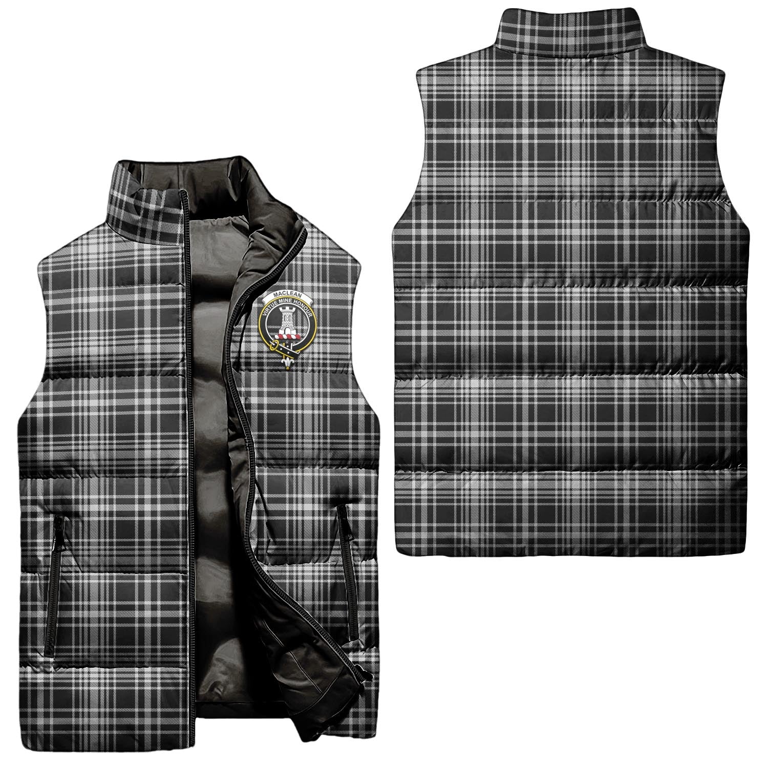 MacLean Black and White Tartan Sleeveless Puffer Jacket with Family Crest Unisex - Tartanvibesclothing