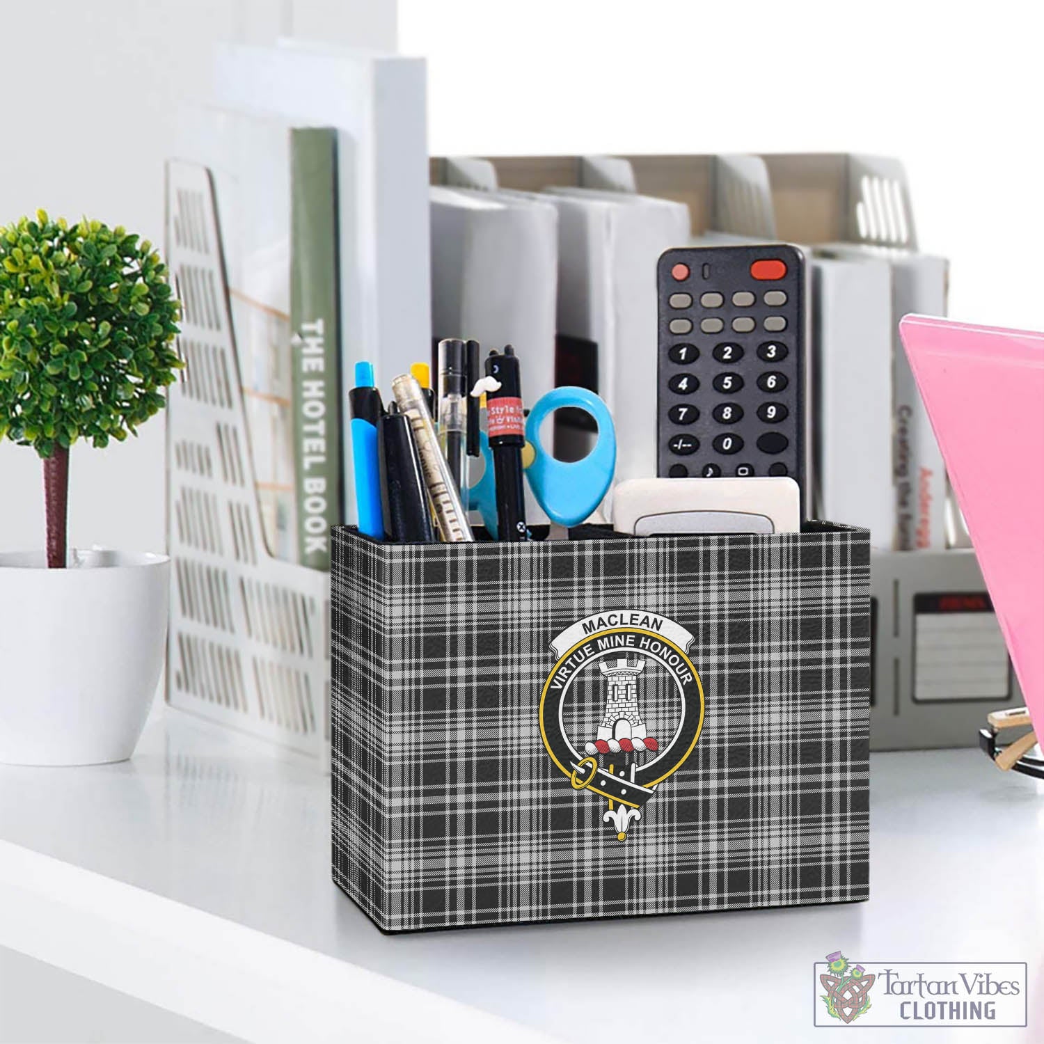 Tartan Vibes Clothing MacLean Black and White Tartan Pen Holder with Family Crest