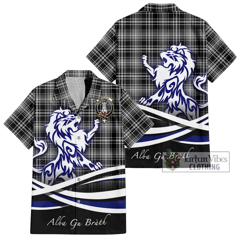 MacLean Black and White Tartan Short Sleeve Button Shirt with Alba Gu Brath Regal Lion Emblem Kid - Tartanvibesclothing Shop