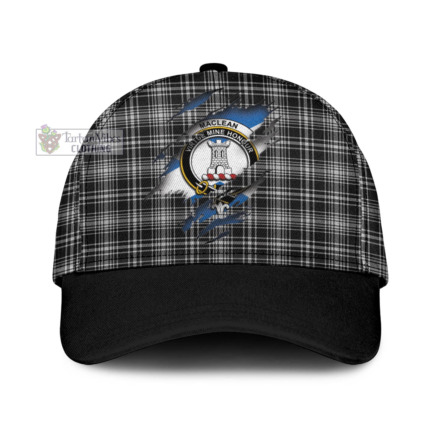 Tartan Vibes Clothing MacLean Black and White Tartan Classic Cap with Family Crest In Me Style