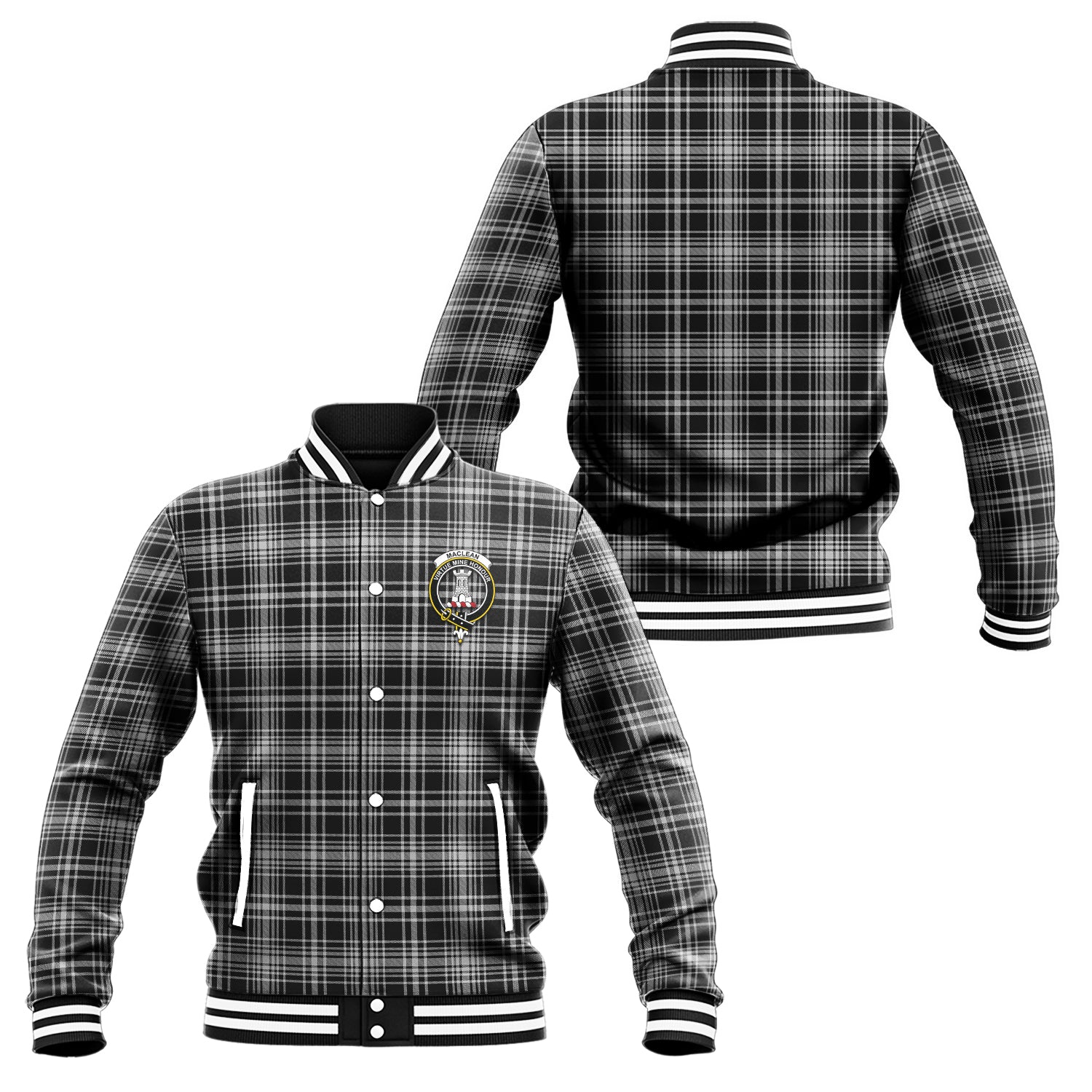 MacLean Black and White Tartan Baseball Jacket with Family Crest Unisex - Tartan Vibes Clothing