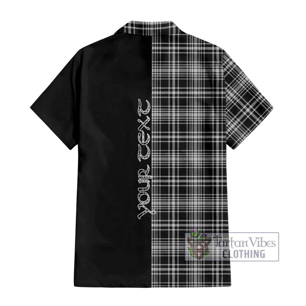 MacLean Black and White Tartan Short Sleeve Button Shirt with Family Crest and Half Of Me Style - Tartanvibesclothing Shop