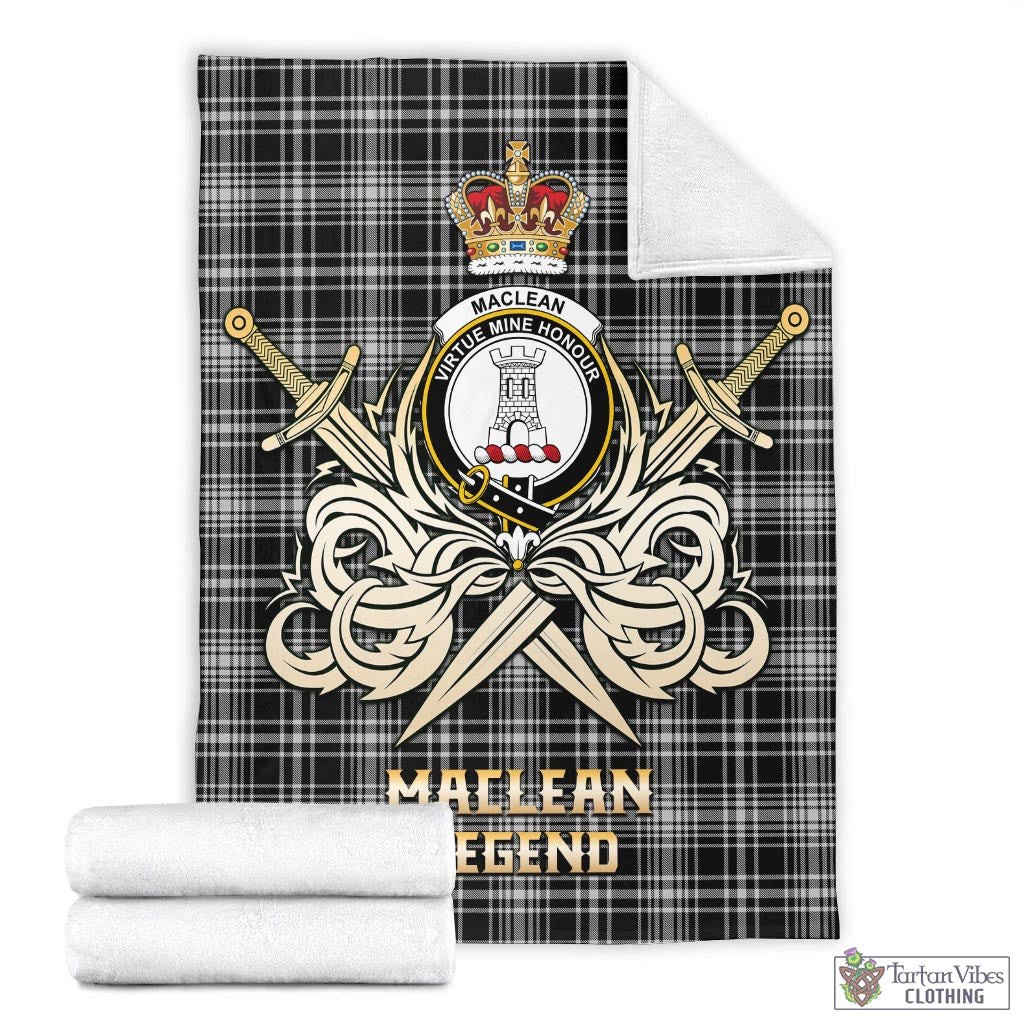 Tartan Vibes Clothing MacLean Black and White Tartan Blanket with Clan Crest and the Golden Sword of Courageous Legacy