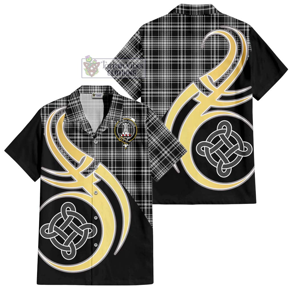 MacLean Black and White Tartan Short Sleeve Button Shirt with Family Crest and Celtic Symbol Style - Tartan Vibes Clothing