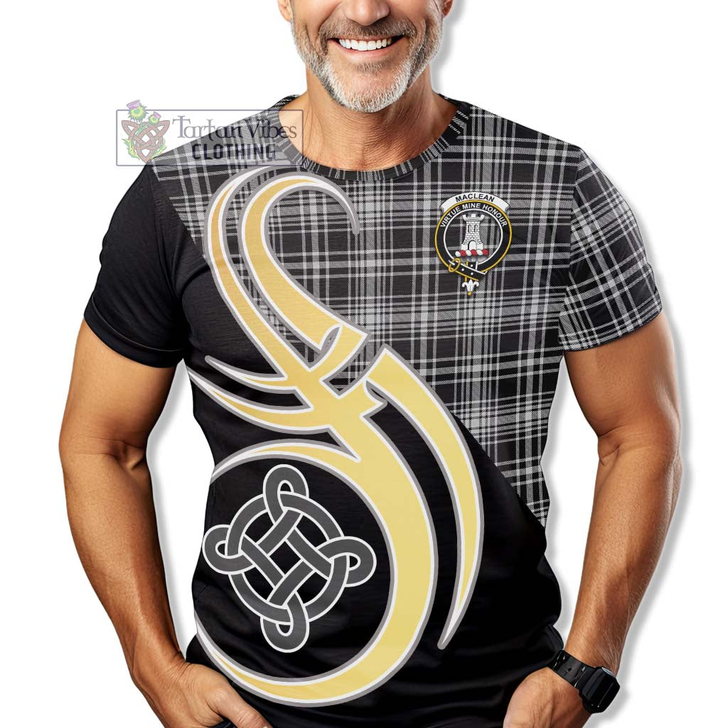 Tartan Vibes Clothing MacLean Black and White Tartan T-Shirt with Family Crest and Celtic Symbol Style