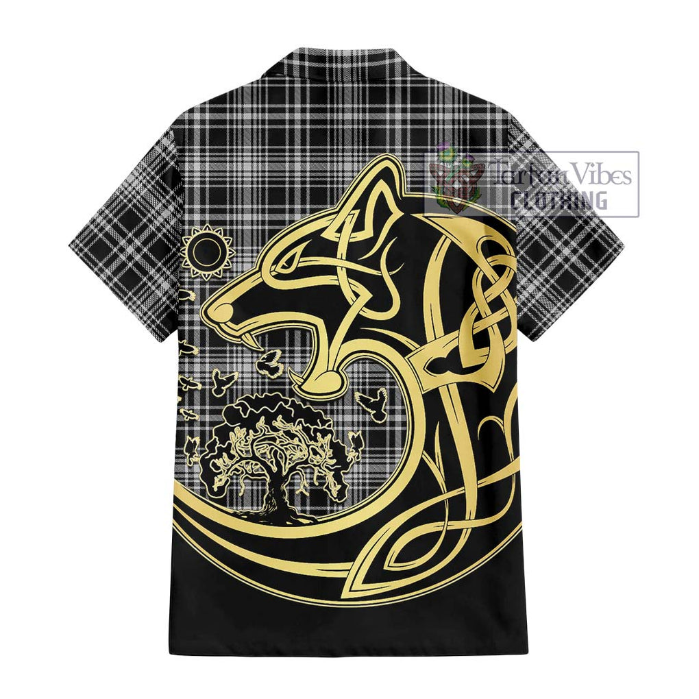 MacLean Black and White Tartan Short Sleeve Button Shirt with Family Crest Celtic Wolf Style - Tartan Vibes Clothing