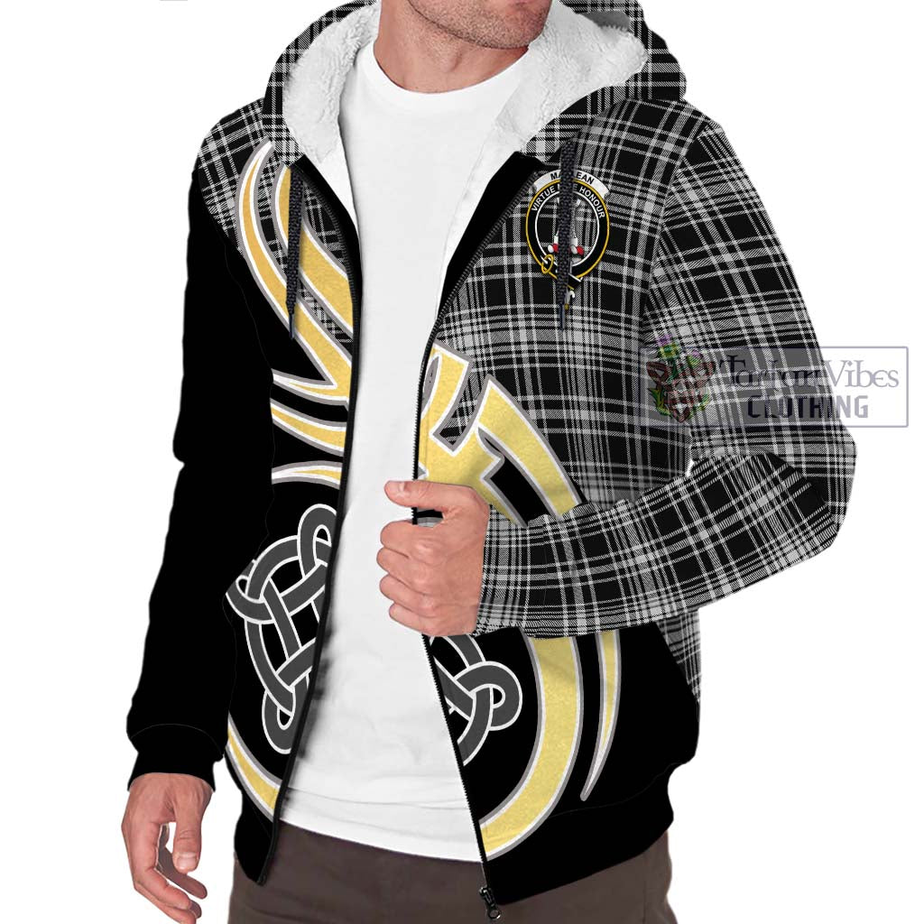 MacLean Black and White Tartan Sherpa Hoodie with Family Crest and Celtic Symbol Style - Tartan Vibes Clothing