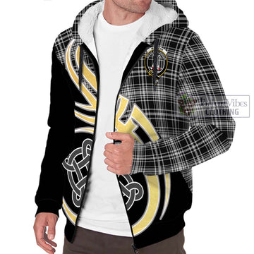 MacLean Black and White Tartan Sherpa Hoodie with Family Crest and Celtic Symbol Style