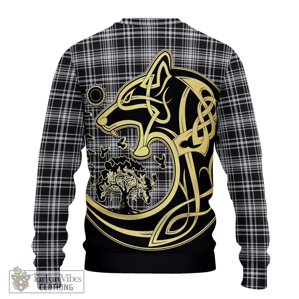 MacLean Black and White Tartan Knitted Sweater with Family Crest Celtic Wolf Style - Tartan Vibes Clothing