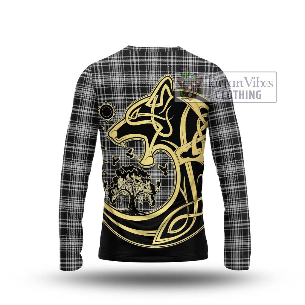 MacLean Black and White Tartan Long Sleeve T-Shirt with Family Crest Celtic Wolf Style - Tartan Vibes Clothing