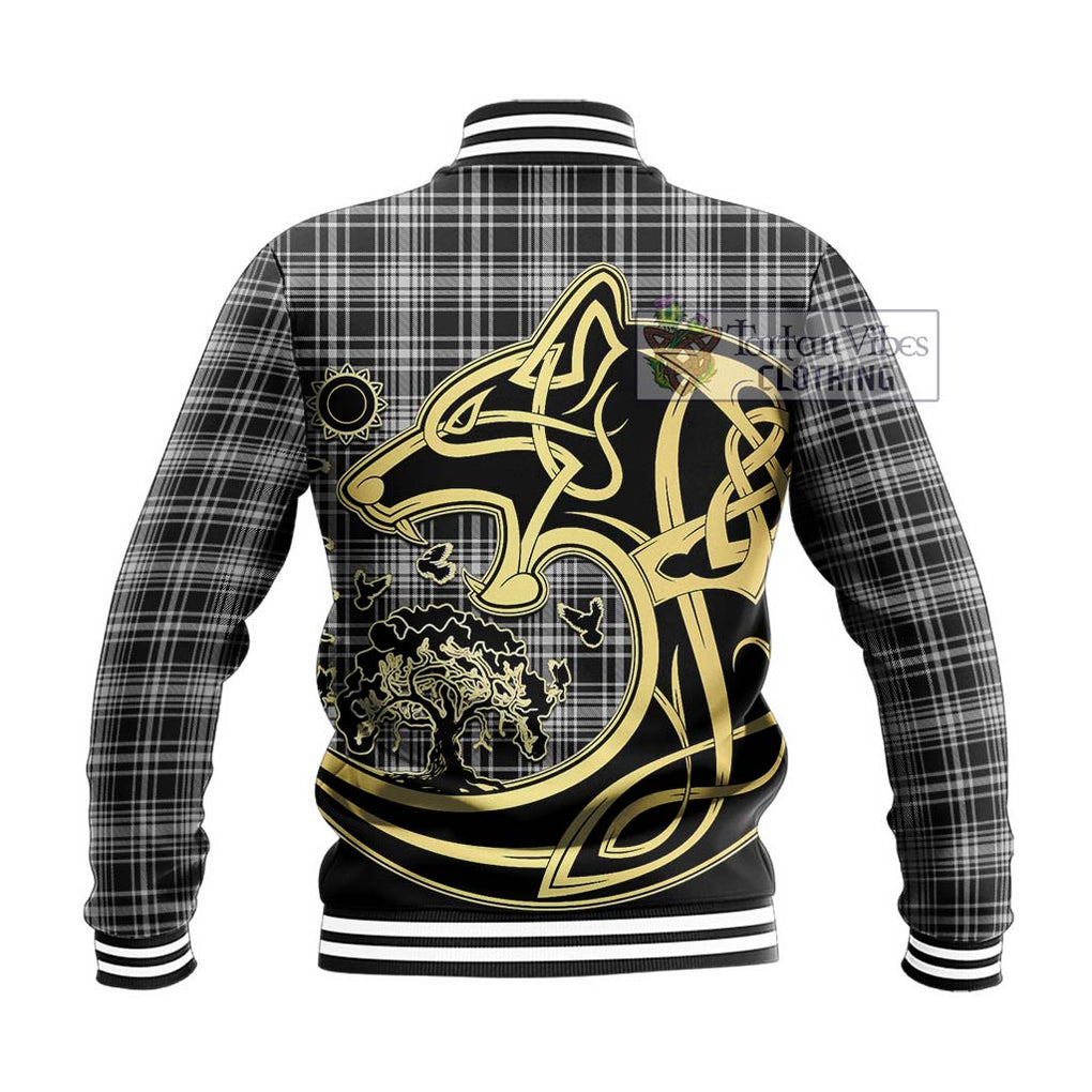 MacLean Black and White Tartan Baseball Jacket with Family Crest Celtic Wolf Style - Tartan Vibes Clothing