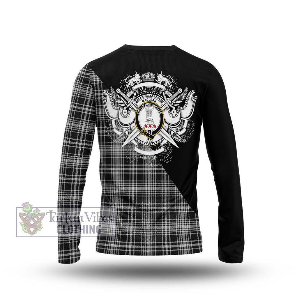 MacLean Black and White Tartan Long Sleeve T-Shirt with Family Crest and Military Logo Style - Tartanvibesclothing Shop