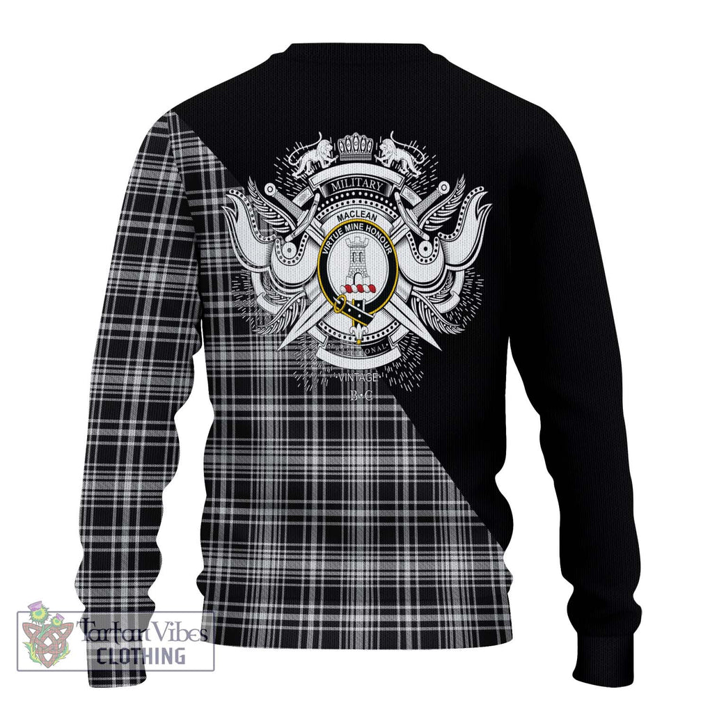 MacLean Black and White Tartan Knitted Sweater with Family Crest and Military Logo Style - Tartanvibesclothing Shop