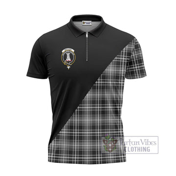 MacLean Black and White Tartan Zipper Polo Shirt with Family Crest and Military Logo Style