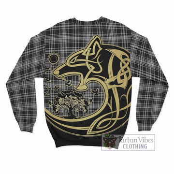 MacLean Black and White Tartan Sweatshirt with Family Crest Celtic Wolf Style