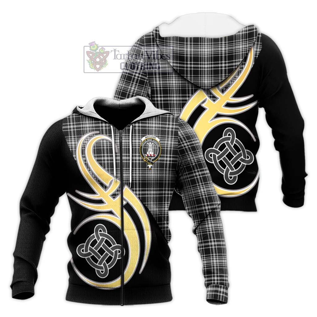 Tartan Vibes Clothing MacLean Black and White Tartan Knitted Hoodie with Family Crest and Celtic Symbol Style