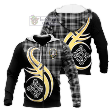 MacLean Black and White Tartan Knitted Hoodie with Family Crest and Celtic Symbol Style