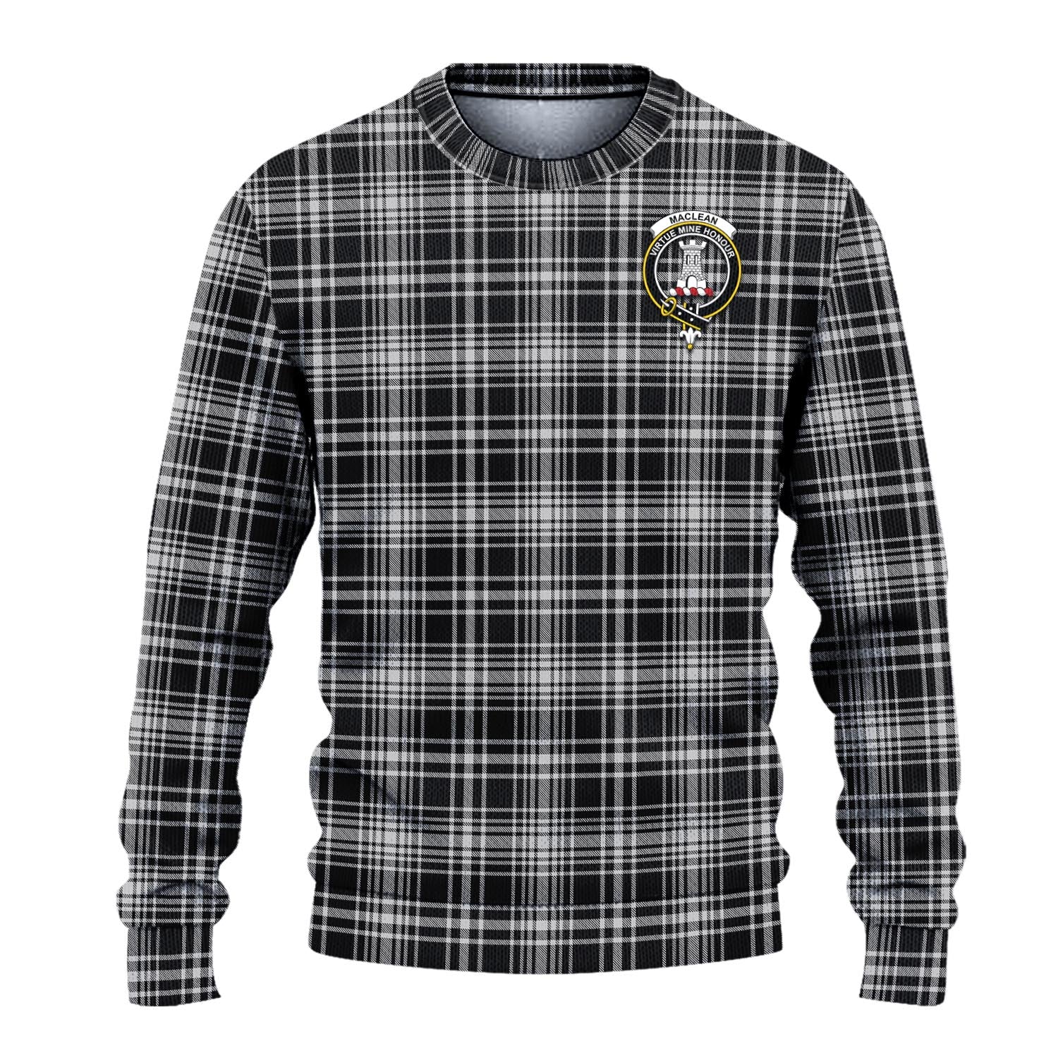 MacLean Black and White Tartan Knitted Sweater with Family Crest - Tartanvibesclothing