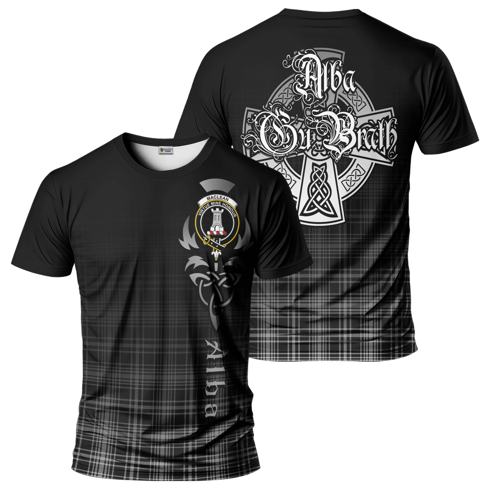 Tartan Vibes Clothing MacLean Black and White Tartan T-Shirt Featuring Alba Gu Brath Family Crest Celtic Inspired