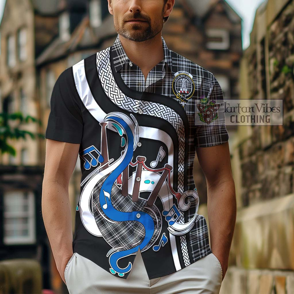 MacLean Black and White Tartan Short Sleeve Button Shirt with Epic Bagpipe Style - Tartanvibesclothing Shop