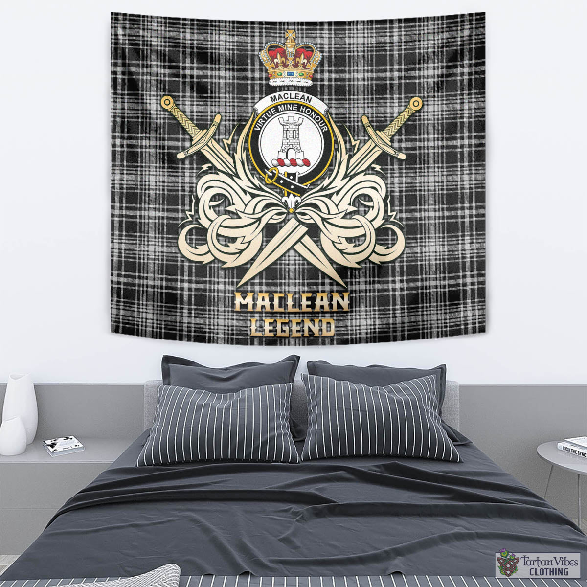 Tartan Vibes Clothing MacLean Black and White Tartan Tapestry with Clan Crest and the Golden Sword of Courageous Legacy