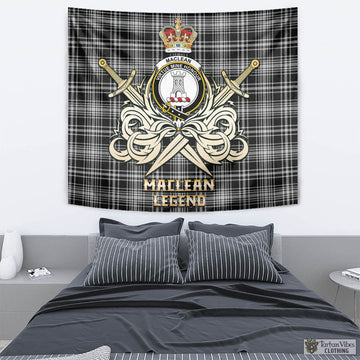 MacLean Black and White Tartan Tapestry with Clan Crest and the Golden Sword of Courageous Legacy