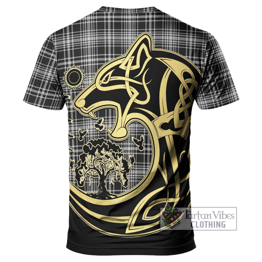 MacLean Black and White Tartan T-Shirt with Family Crest Celtic Wolf Style - Tartan Vibes Clothing