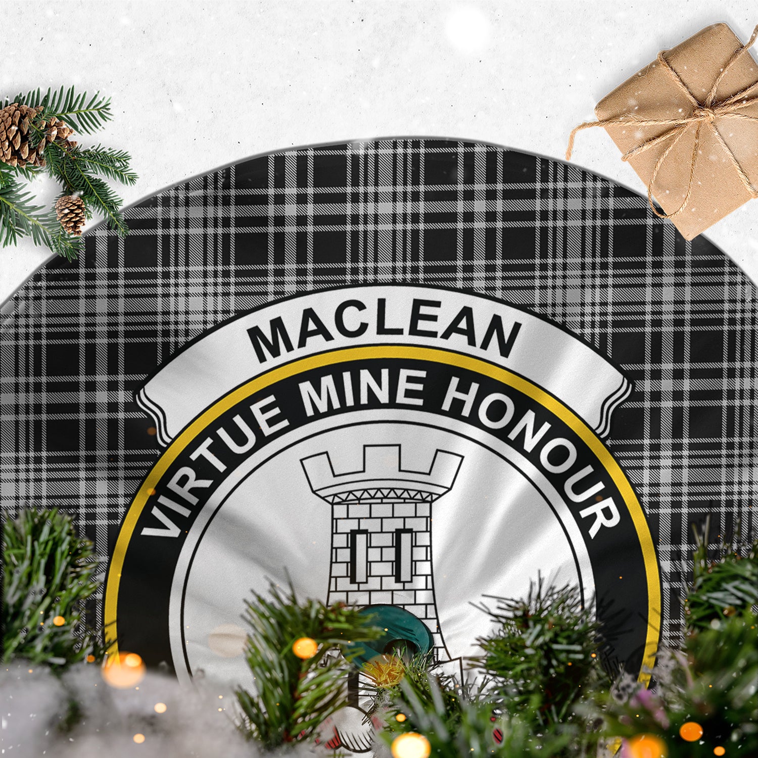 MacLean Black and White Tartan Christmas Tree Skirt with Family Crest - Tartanvibesclothing