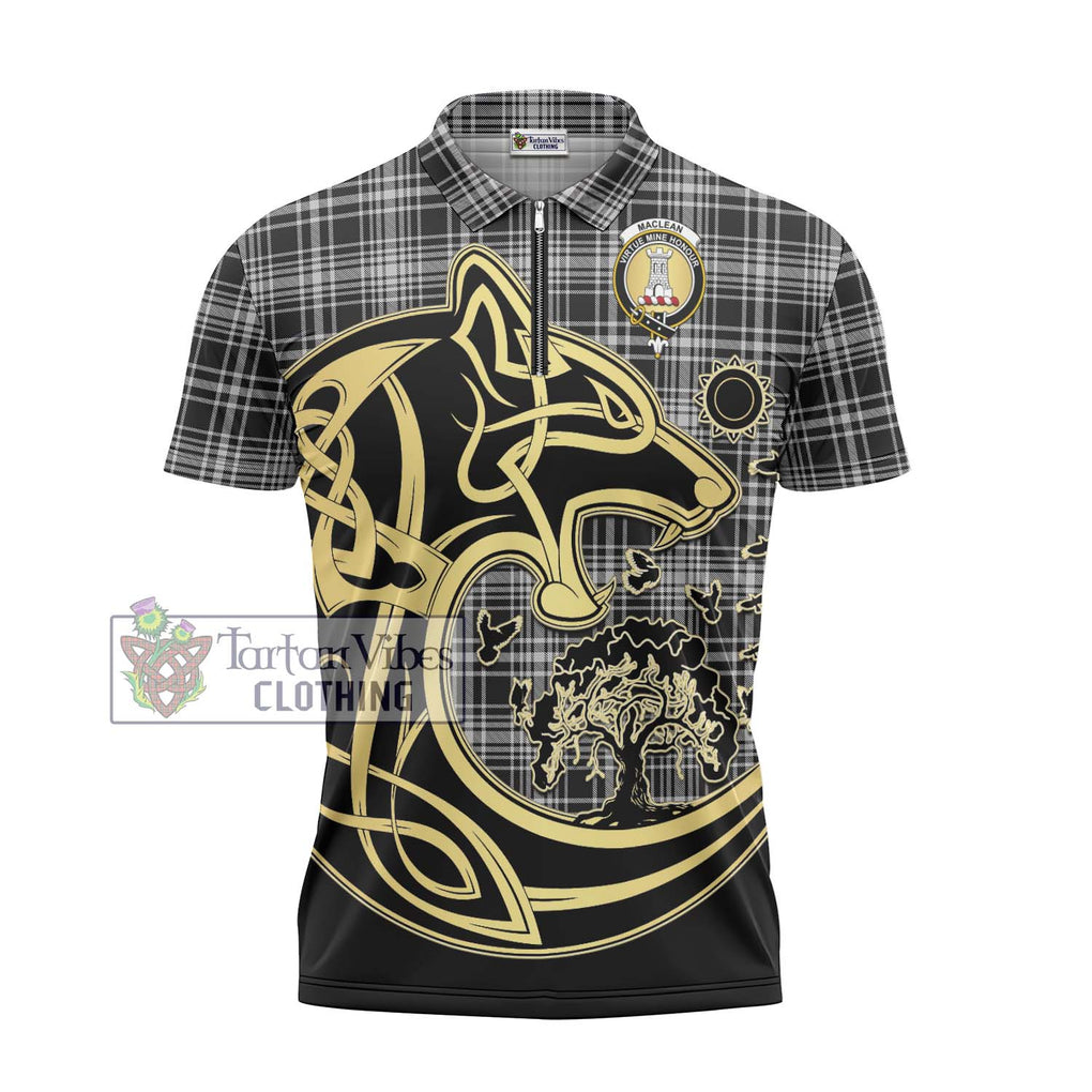 MacLean Black and White Tartan Zipper Polo Shirt with Family Crest Celtic Wolf Style - Tartanvibesclothing Shop