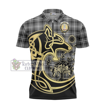 MacLean Black and White Tartan Zipper Polo Shirt with Family Crest Celtic Wolf Style