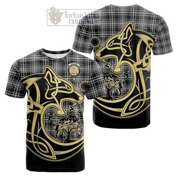 MacLean Black and White Tartan Cotton T-shirt with Family Crest Celtic Wolf Style