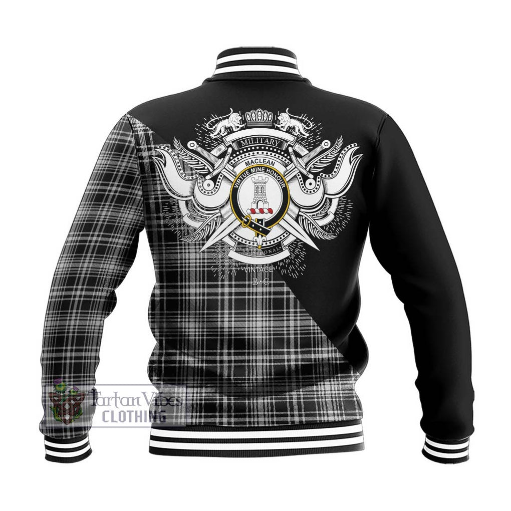 MacLean Black and White Tartan Baseball Jacket with Family Crest and Military Logo Style - Tartanvibesclothing Shop