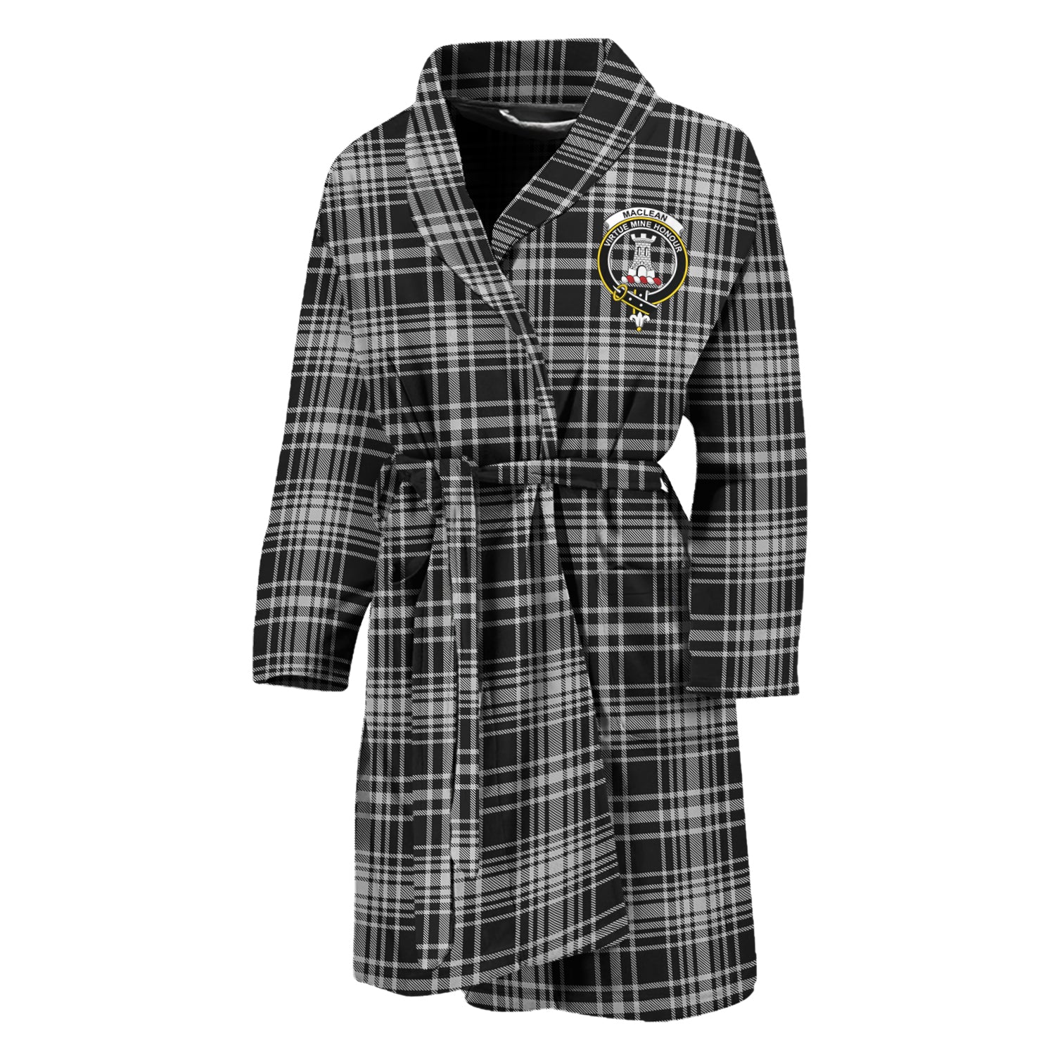 MacLean Black and White Tartan Bathrobe with Family Crest Unisex M - Tartan Vibes Clothing