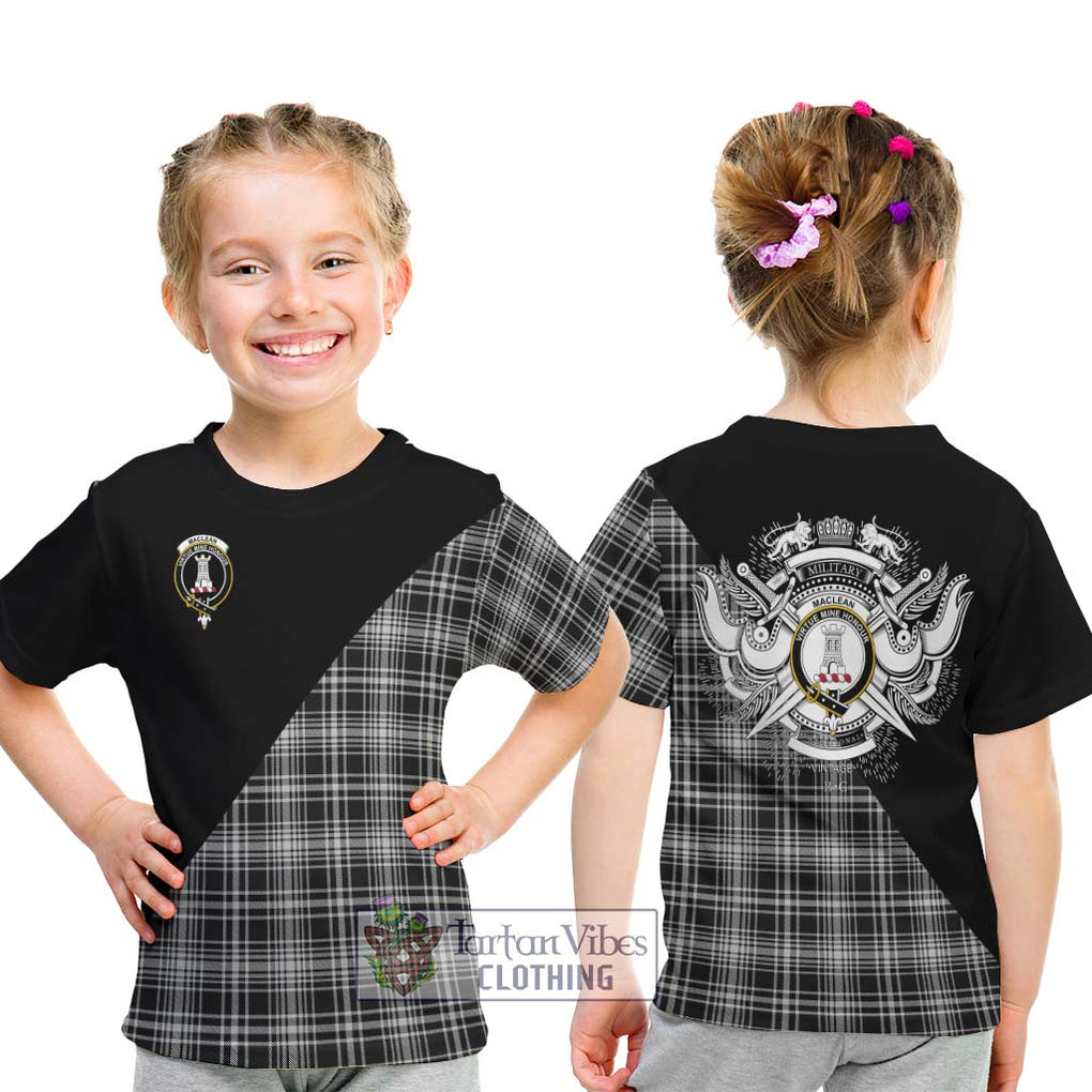 MacLean Black and White Tartan Kid T-Shirt with Family Crest and Military Logo Style - Tartanvibesclothing Shop