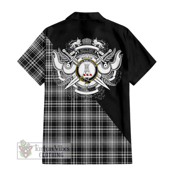 MacLean Black and White Tartan Short Sleeve Button Shirt with Family Crest and Military Logo Style