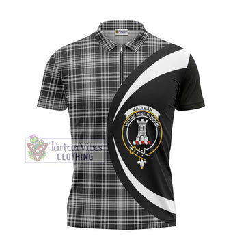 MacLean Black and White Tartan Zipper Polo Shirt with Family Crest Circle Style