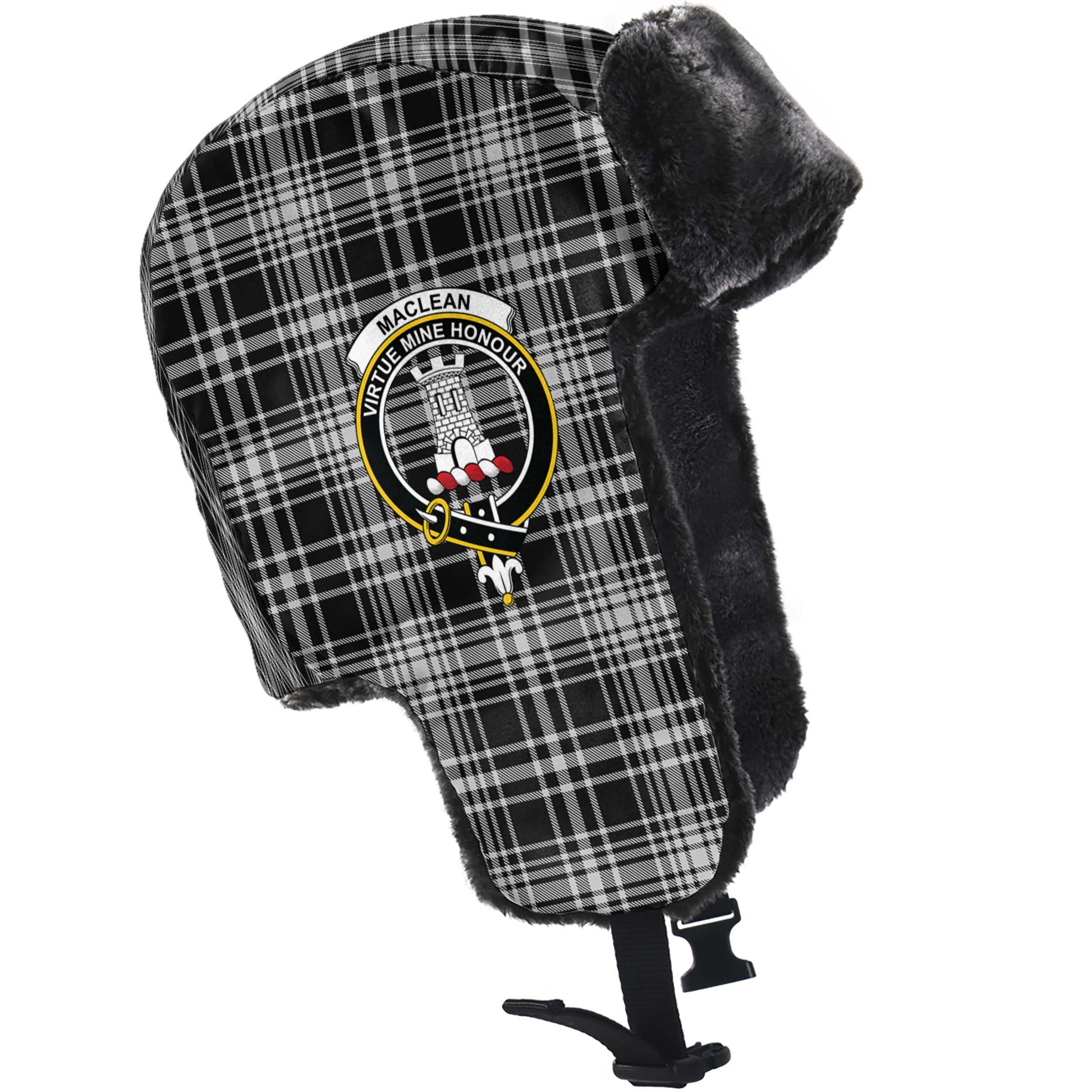 MacLean Black and White Tartan Winter Trapper Hat with Family Crest - Tartanvibesclothing