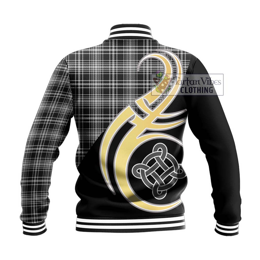 MacLean Black and White Tartan Baseball Jacket with Family Crest and Celtic Symbol Style - Tartan Vibes Clothing