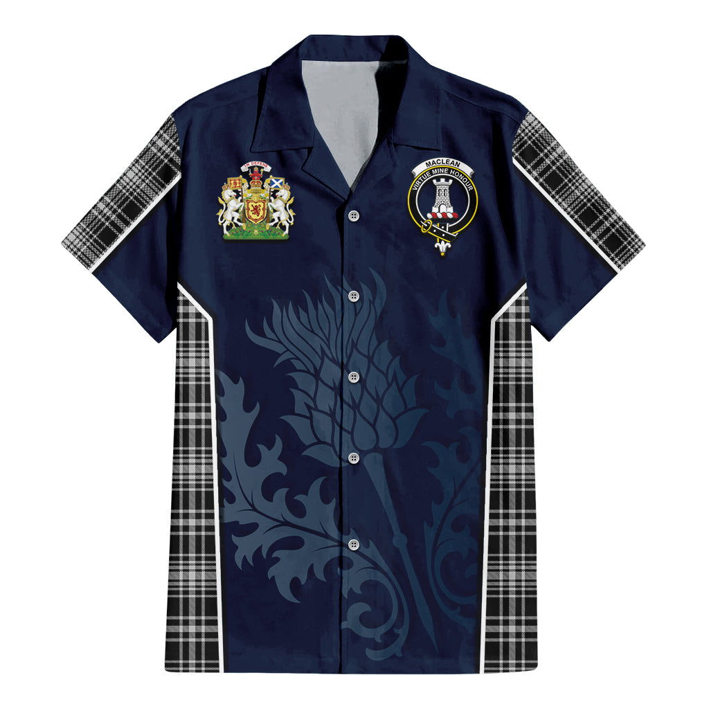 Tartan Vibes Clothing MacLean Black and White Tartan Short Sleeve Button Up Shirt with Family Crest and Scottish Thistle Vibes Sport Style