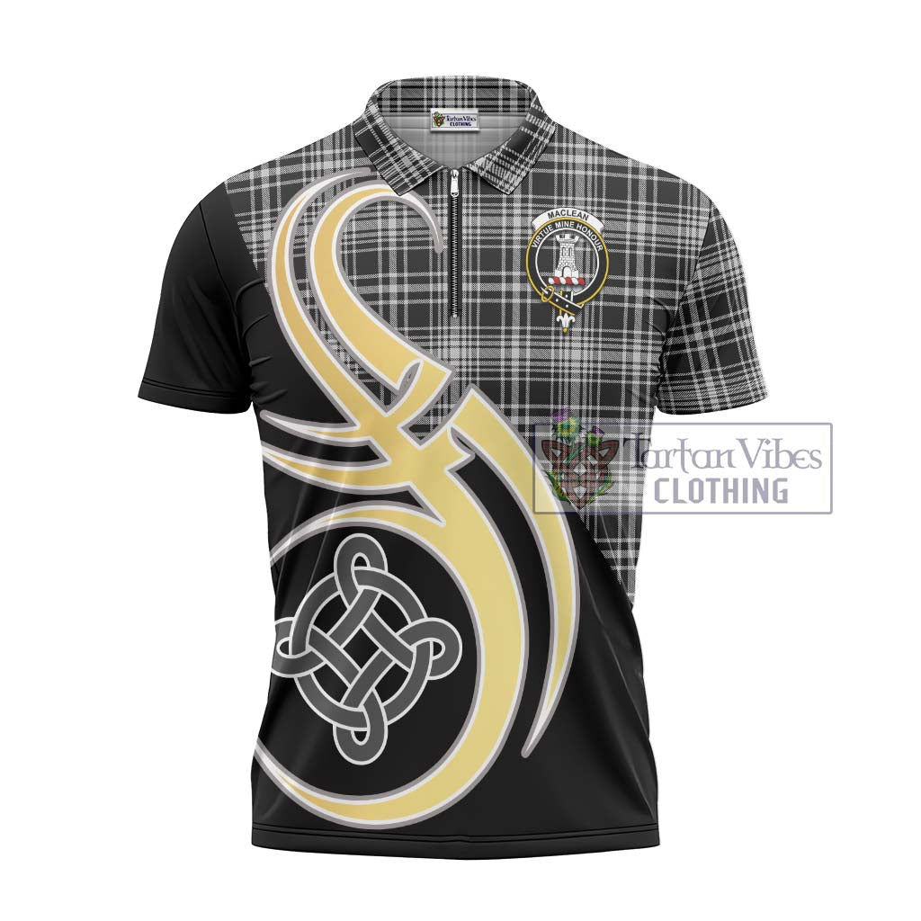 Tartan Vibes Clothing MacLean Black and White Tartan Zipper Polo Shirt with Family Crest and Celtic Symbol Style