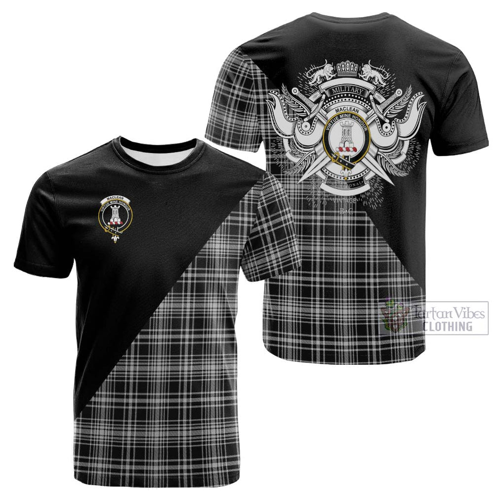 Tartan Vibes Clothing MacLean Black and White Tartan Cotton T-shirt with Family Crest and Military Logo Style