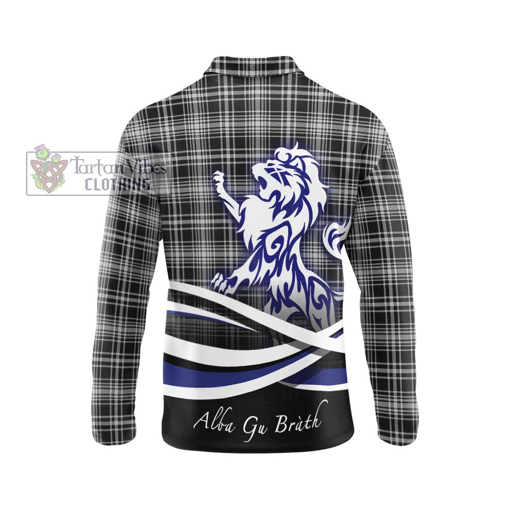 MacLean Black and White Tartan Long Sleeve Polo Shirt with Alba Gu Brath Regal Lion Emblem - Tartanvibesclothing Shop