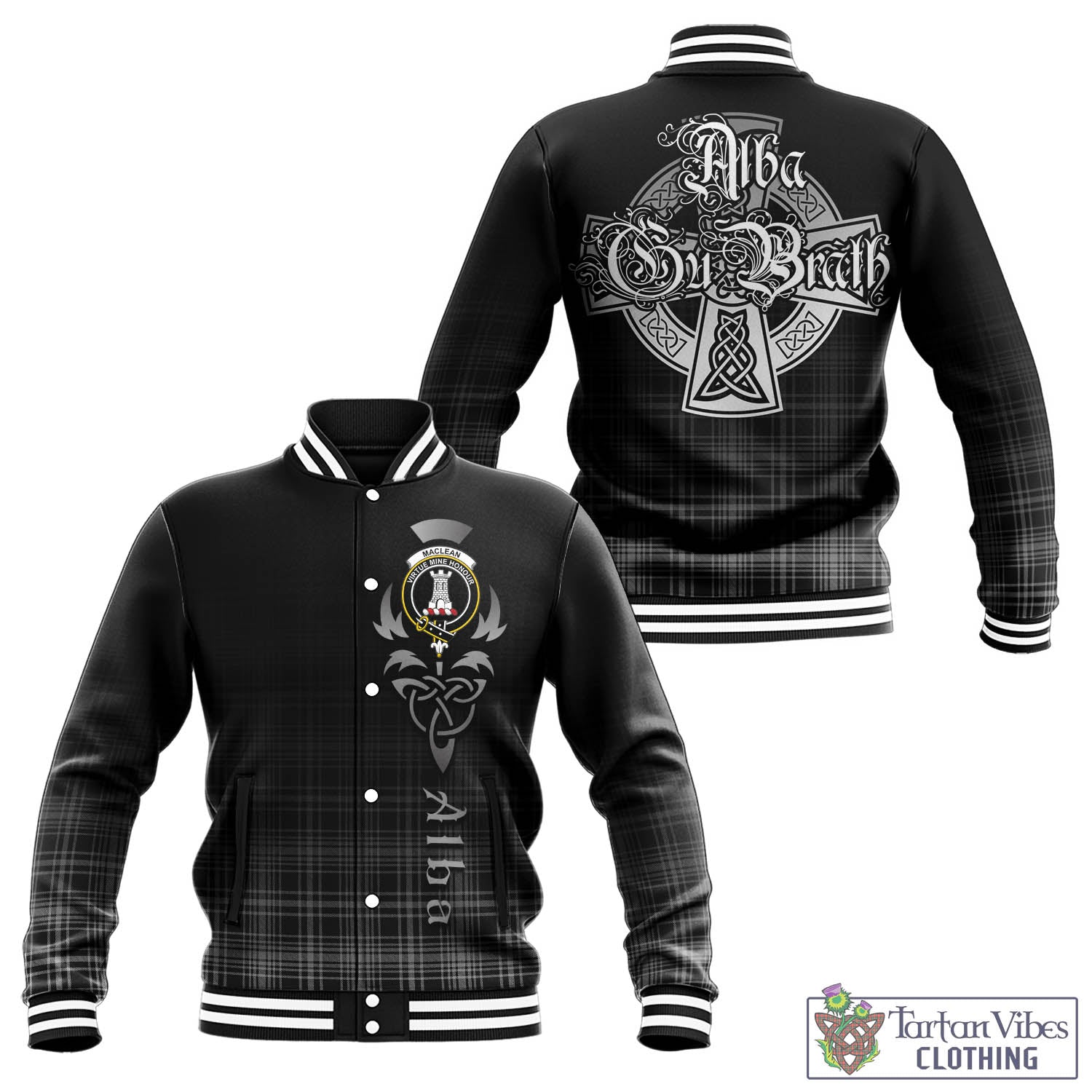 Tartan Vibes Clothing MacLean Black and White Tartan Baseball Jacket Featuring Alba Gu Brath Family Crest Celtic Inspired